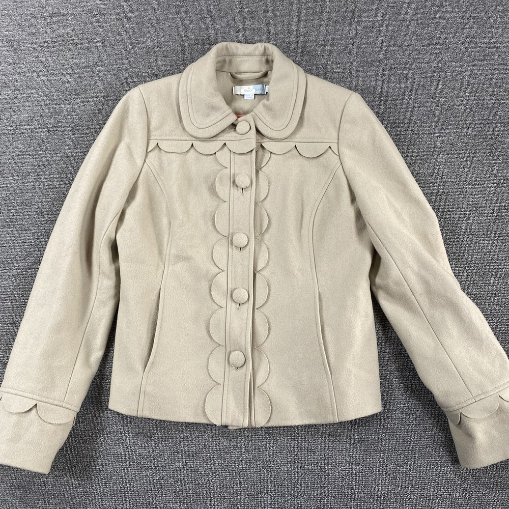 Boden Wool Blend Jacket Womens 4 Beige Button Front Scalloped Collared Academia